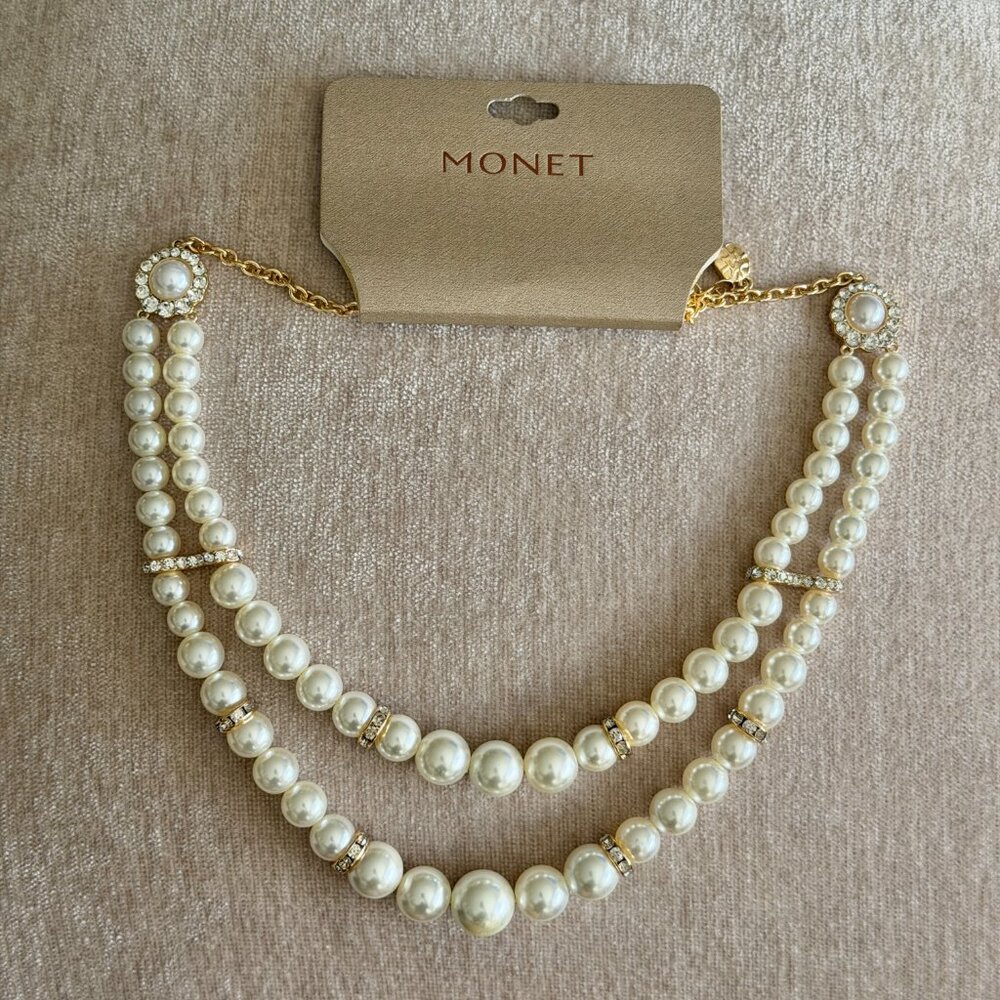 Monet "Pearl Tower" Double Strand Faux Pearl Necklace – Gold Tone